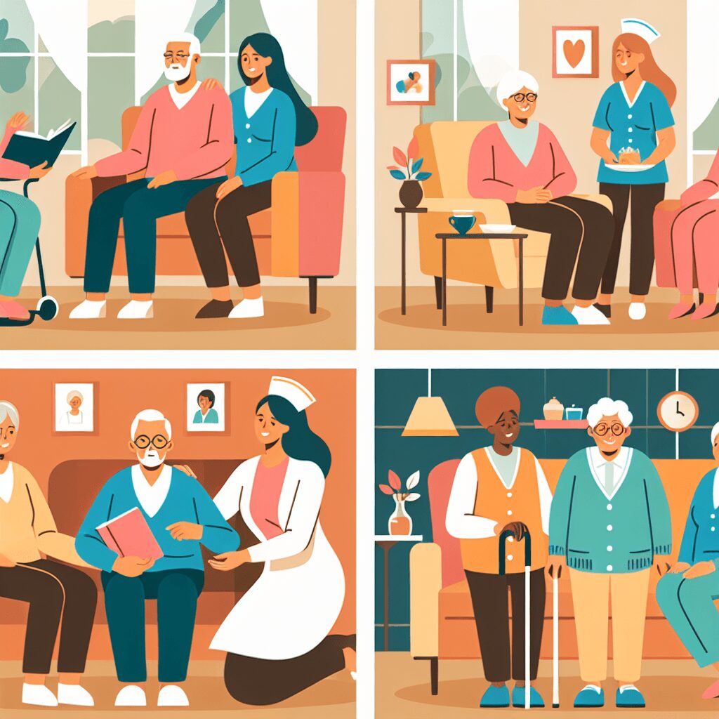 Old people receiving nursing in home flat illustration style