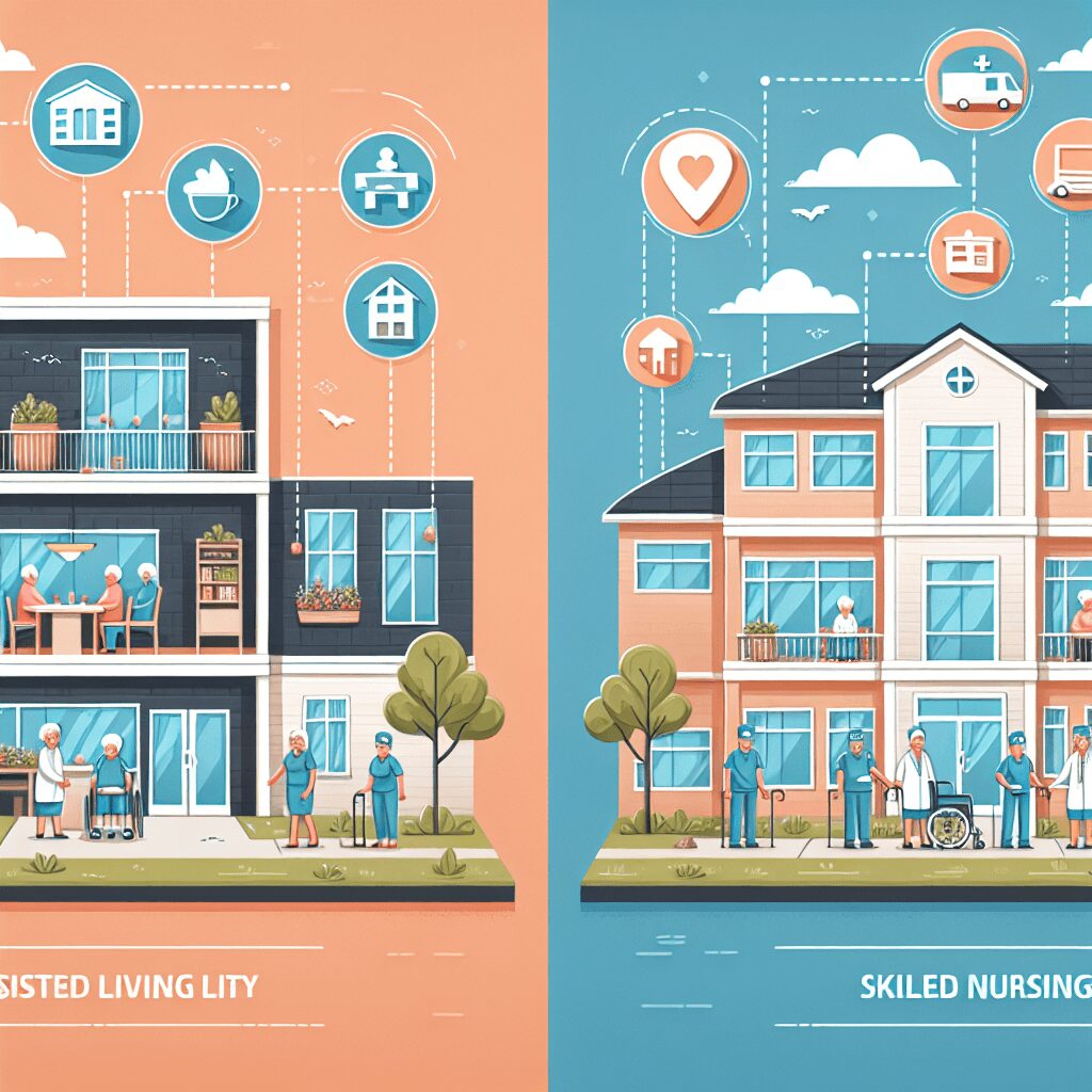 What is the difference between assisted living and skilled nursing? flat illustration style